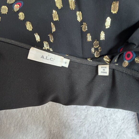 A.L.C Womens Willow Silk Metallic Ruffle Cold Shoulder Blouse Size 6 Black Gold - Picture 3 of 9